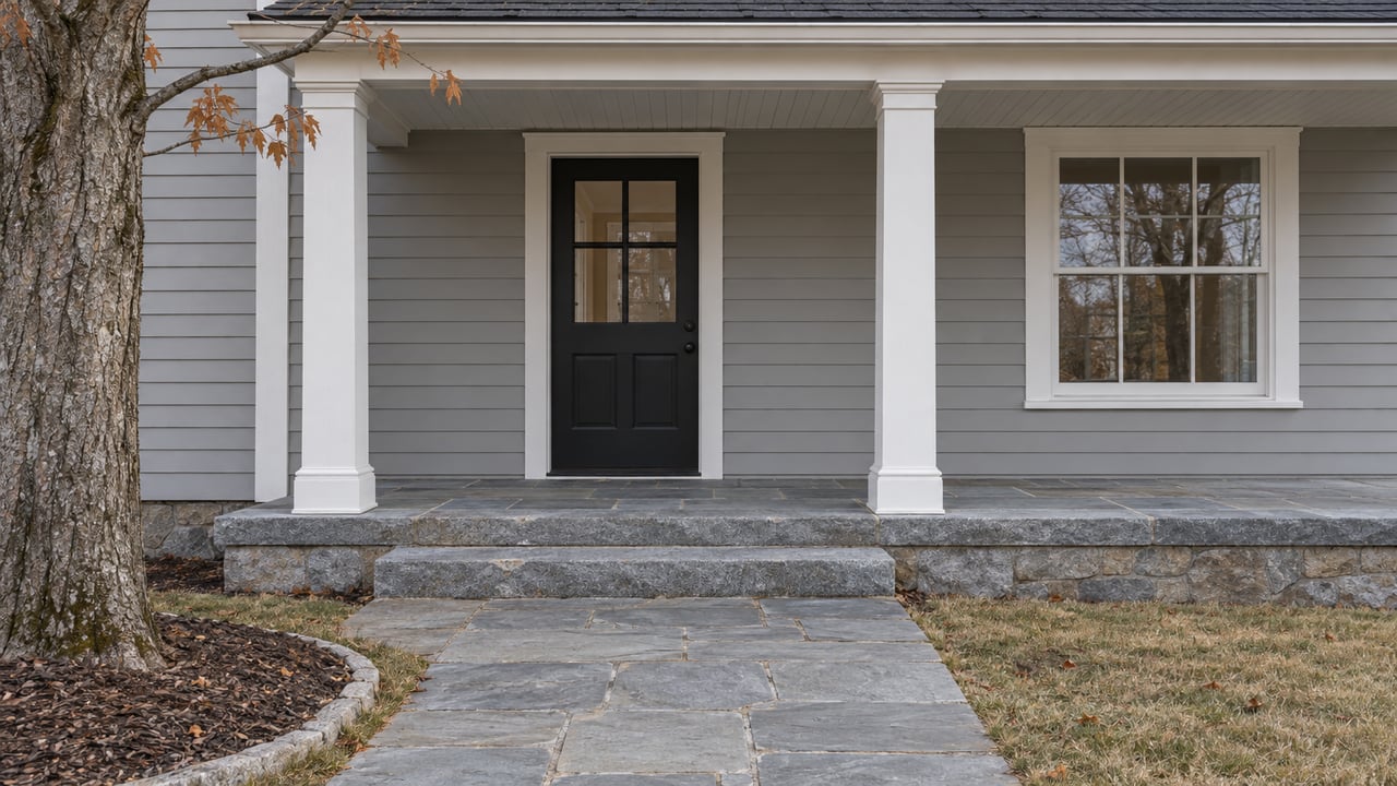 Gray clapboard home with a covered porch, glazed black entry door, granite steps, and a flagstone approach beside dormant autumn lawn.