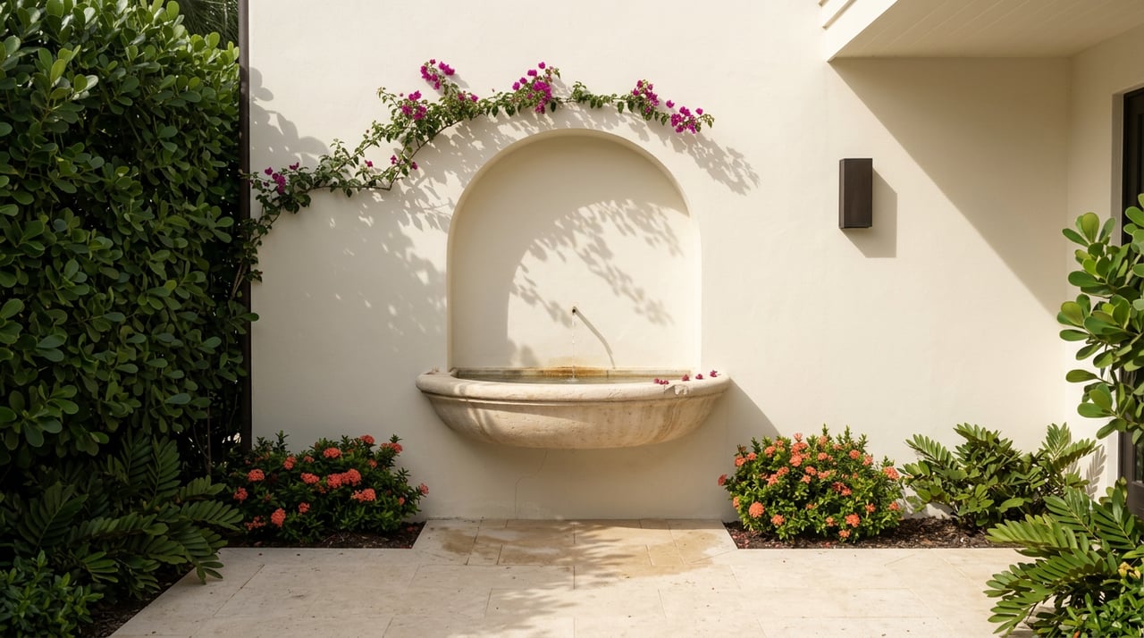 Carved limestone fountain in an arched stucco niche, with coral flowers and bougainvillea bracts on the basin.