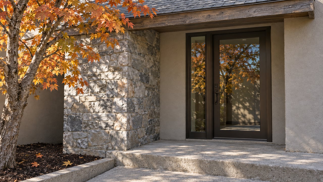 Autumn light on a quartzite entry pier, glazed bronze-framed door and concrete step beside a copper-leaved maple.