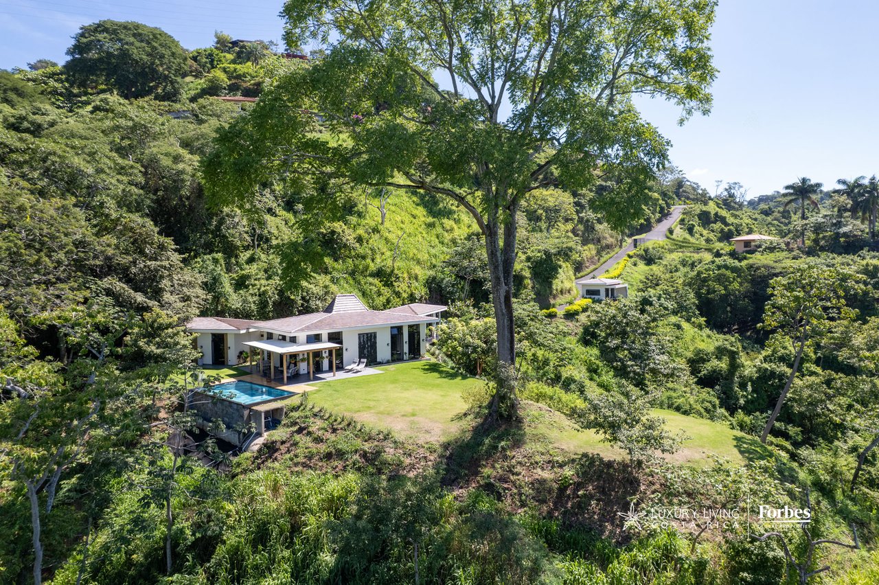 Aerial view of a modern home and pool set among lush wooded hills.