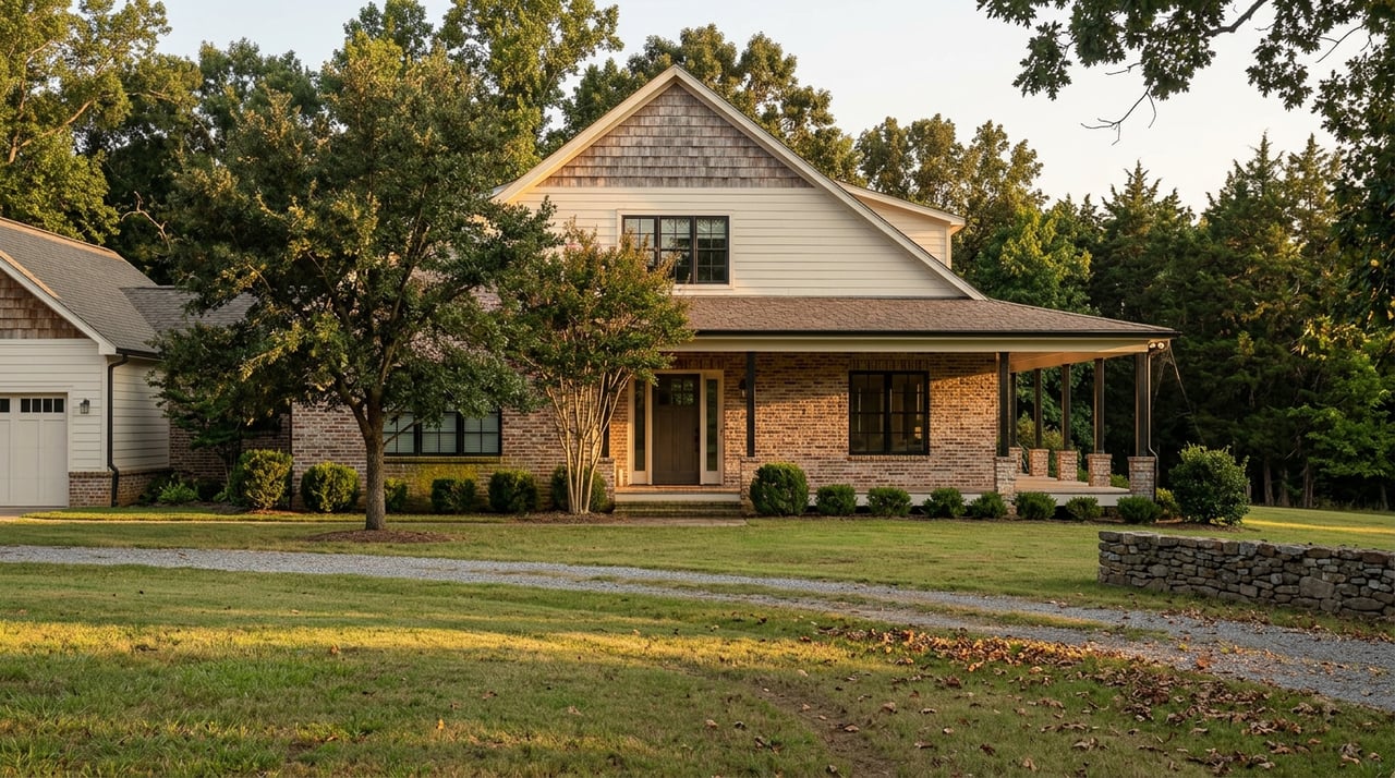 Brick-and-siding home with covered porch beyond a gravel drive, lawn, and low stone wall.