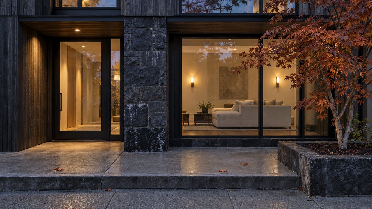 An evening view of a contemporary residence with dark cedar siding, basalt masonry, warm enclosed living-room windows and an autumn vine maple beside the entry terrace.