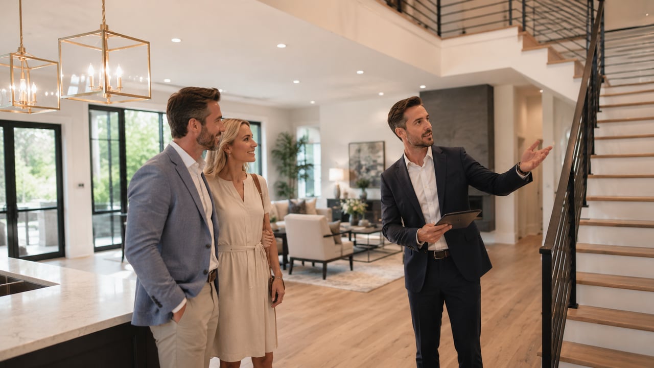 Luxury homebuyers touring a modern Nashville home with a real estate agent while evaluating the property’s design, finishes, layout, and upscale features.