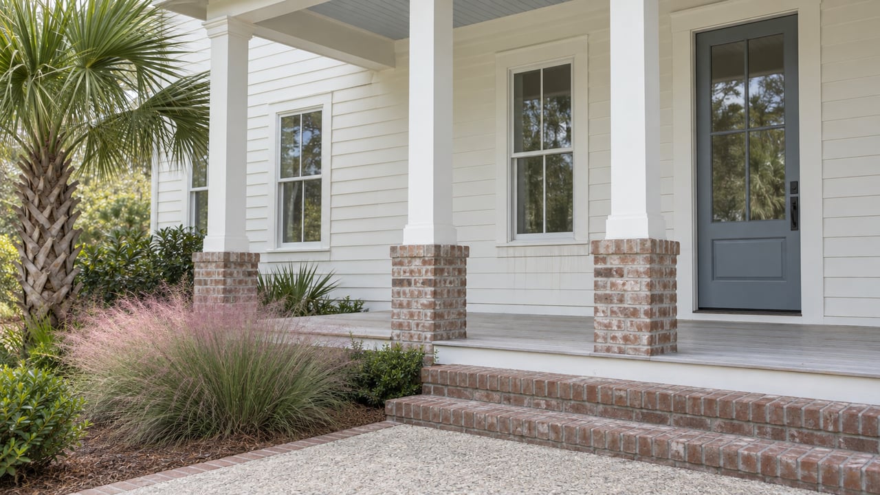 Raised house porch with square columns, glazed door, brick steps, and pink-tipped grasses beside the walk.