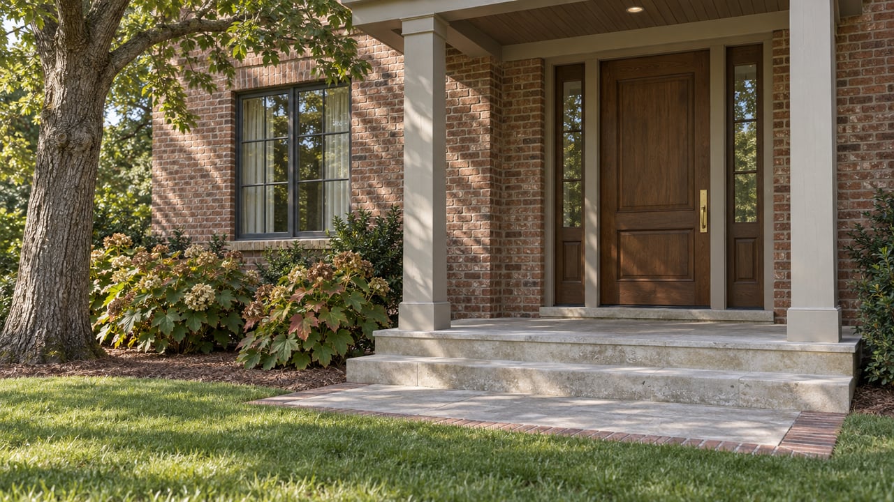 Brick home entry with a walnut door, limestone steps, oak tree and oakleaf hydrangeas beside a green lawn.