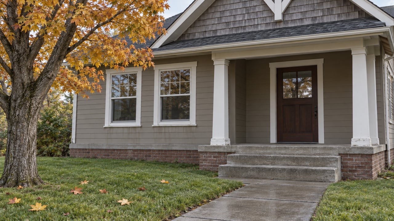 Autumn light on a taupe clapboard house with a shingled gable, concrete porch steps and an amber-leaved maple beside the lawn.