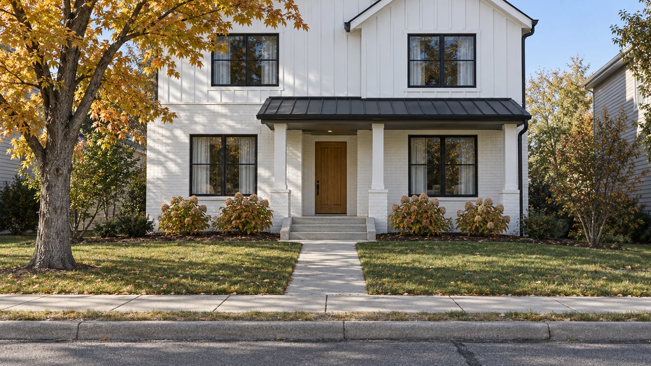 White brick and board-and-batten home behind a deep front lawn, with black windows, an oak entry door and an amber-leaved maple beside the sidewalk.