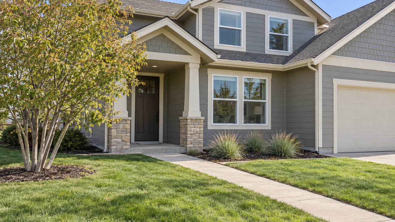 Two-story gray-sided suburban house with gabled roof, stone porch column, diagonal walkway, and mature small tree.