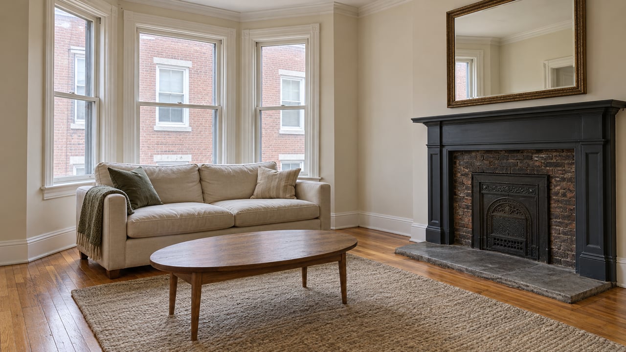 A bright traditional living room with a glazed bay window, cream sofa, oak flooring, and a charcoal fireplace surround.