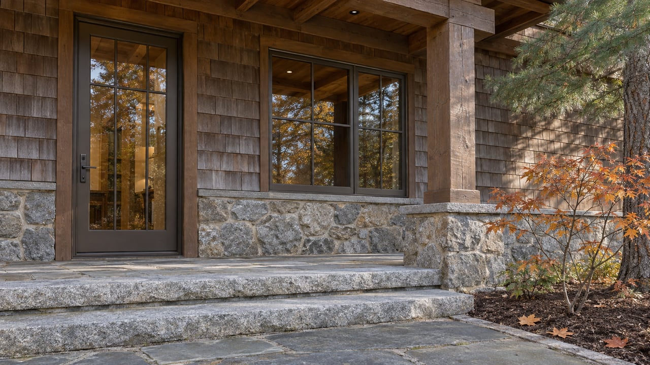 Weathered cedar home entrance with a timber porch, granite steps and sparse copper maple leaves beside a mature white pine.