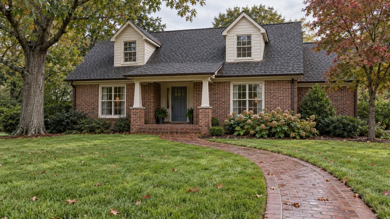 Brick-and-siding home beyond a deep lawn and curved brick walk, framed by mature oak and maple trees.
