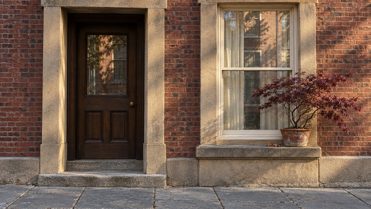Late-afternoon light on a red-brick residential entrance, sandstone window surround and a potted Japanese maple.
