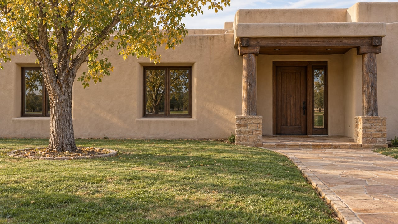 Warm beige stucco home beyond a broad lawn, with a timber entry portal, sandstone approach and mature cottonwood turning gold.