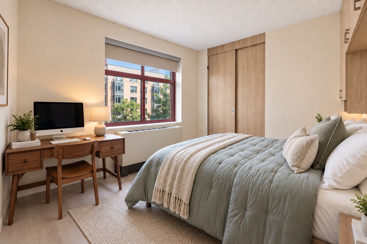 Bedroom with a sage-green quilted bed, wooden desk, and window overlooking nearby buildings.