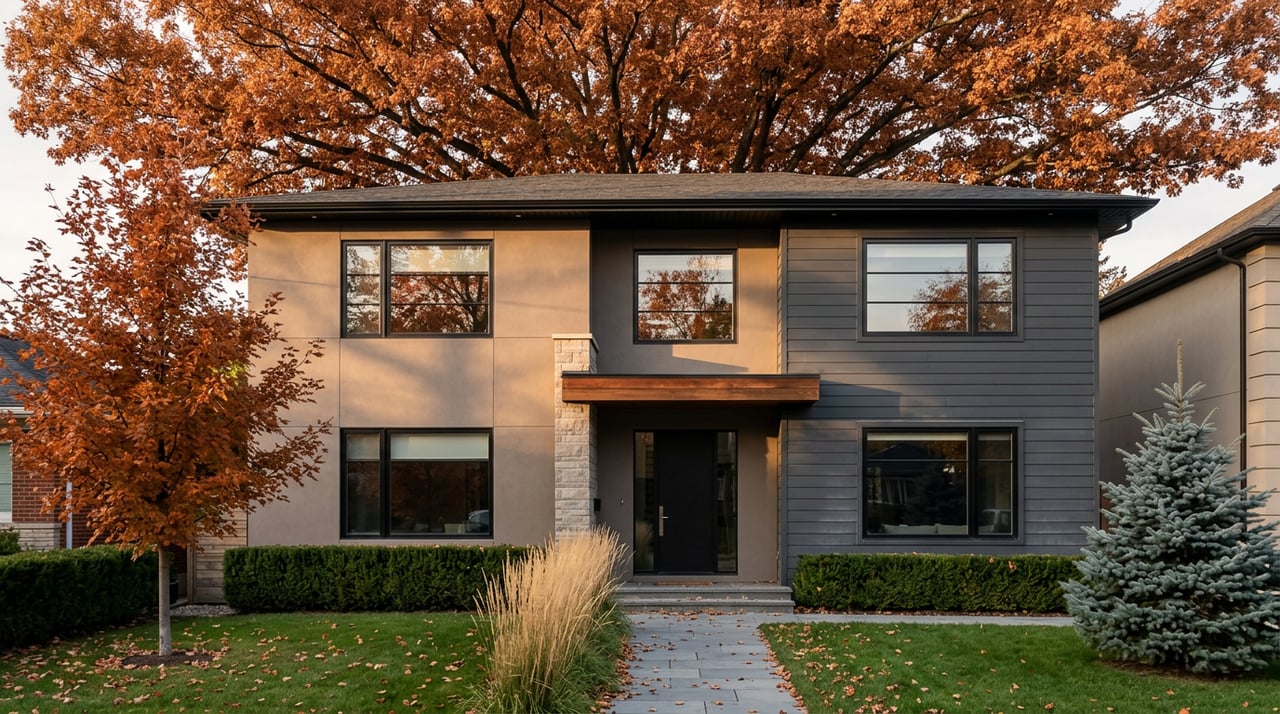 Contemporary two-storey home with a stone entry column, maple canopy, blue spruce, and leaf-strewn walkway.