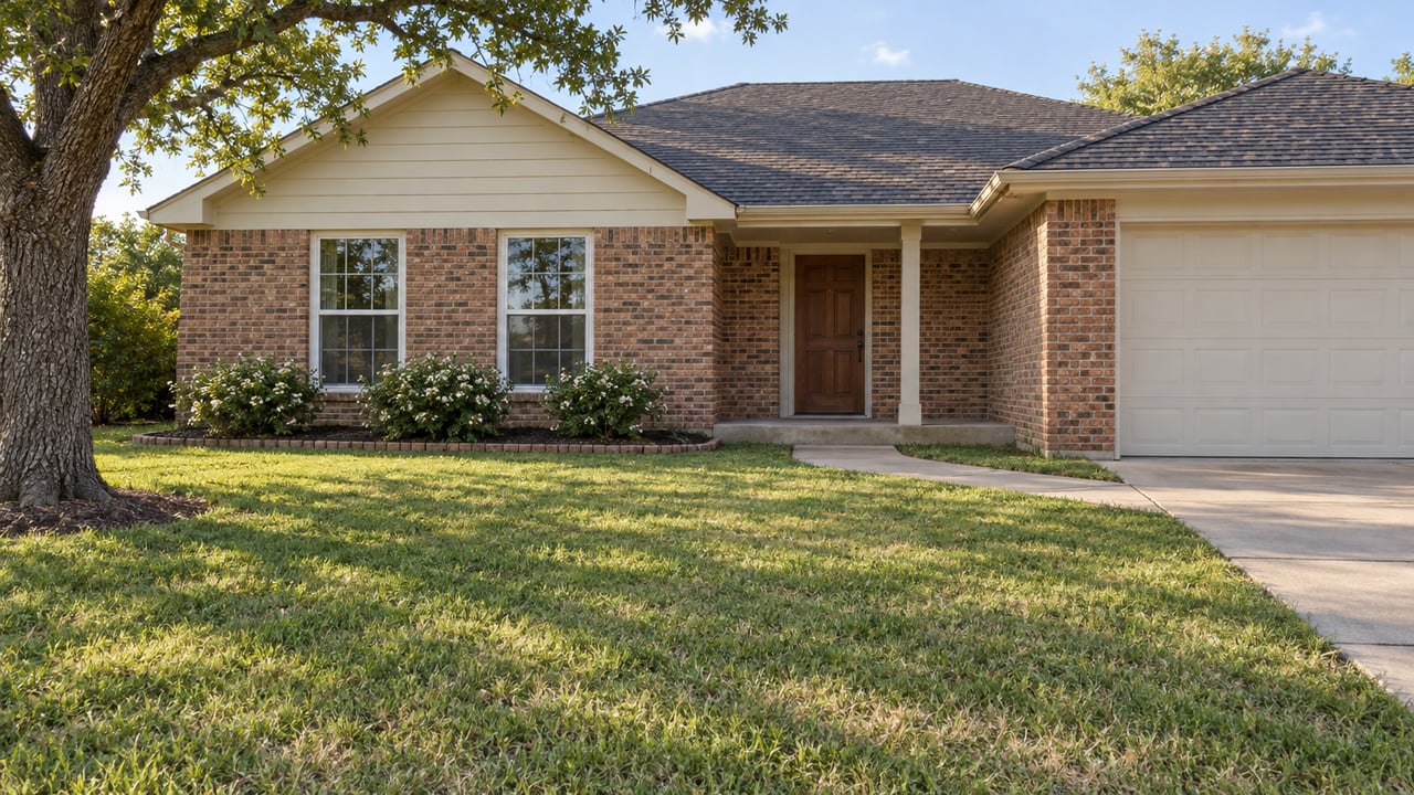 A brick home with a cream-sided front gable and covered entry sits behind a deep lawn, shaded at one edge by a mature oak.