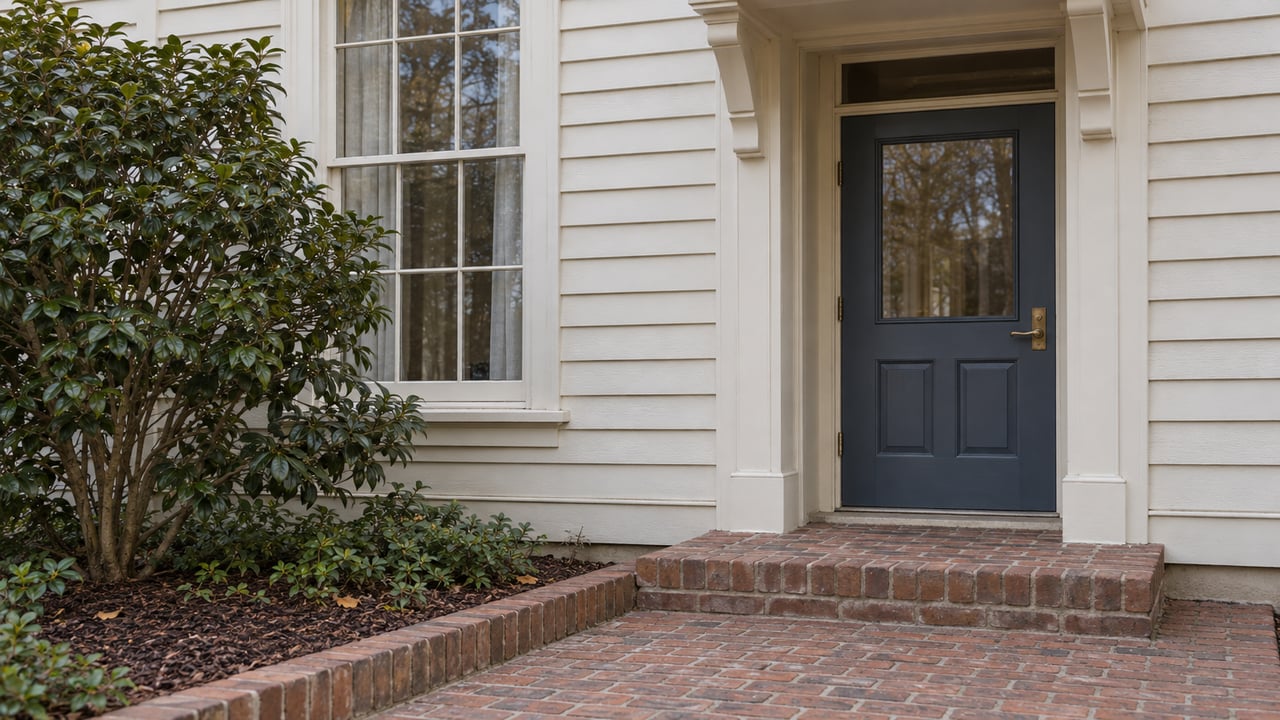 Ivory wood-sided residence with a blue-gray glazed door, tall sash window, weathered brick approach and a mature camellia.