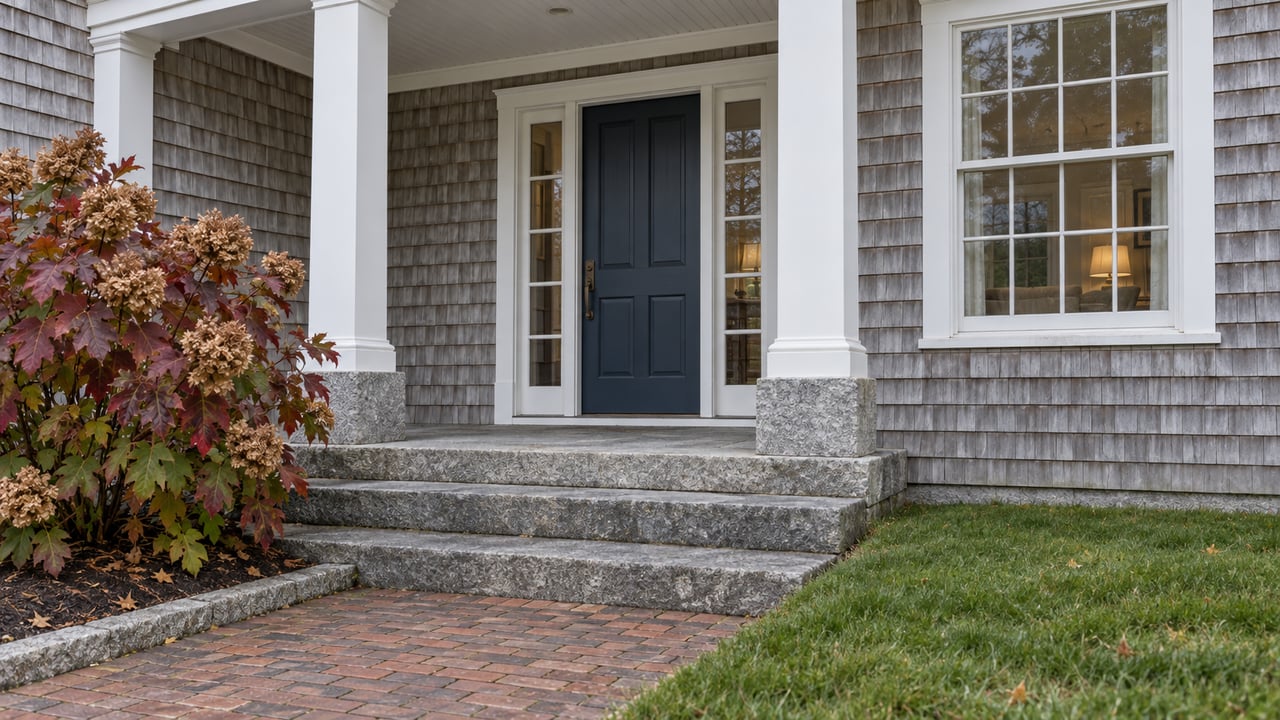 Silver-gray shingled home entrance with a blue door, granite steps, brick walk and autumn oakleaf hydrangea.