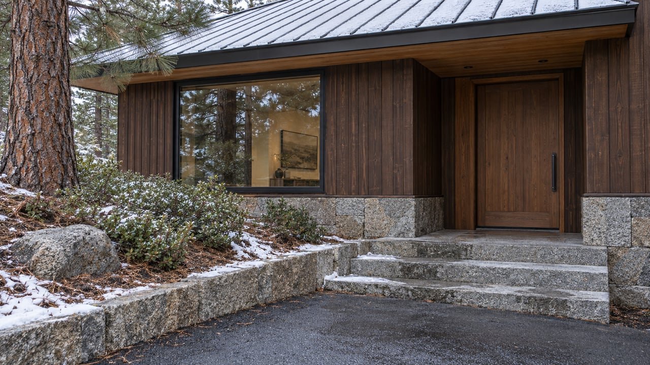 Timber and granite home entrance with broad snowy eaves, damp stone steps and a mature pine beside the driveway.