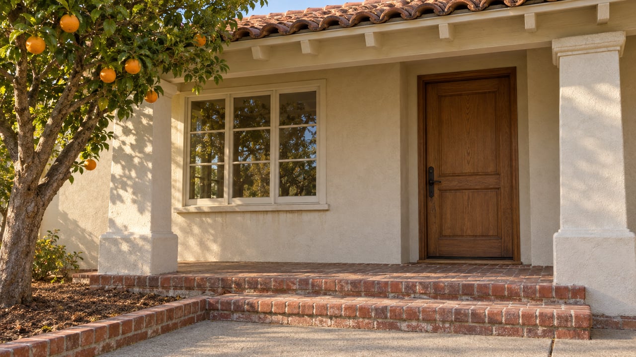 Sunlit stucco cottage entrance with an oak door, divided-light window, worn brick steps, and an orange tree.