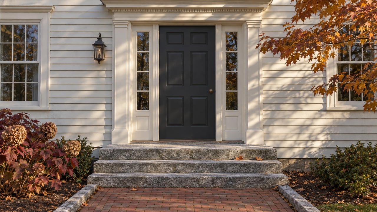 Cream clapboard home with a charcoal front door, paired sidelights, granite steps, and autumn maple leaves in afternoon light.