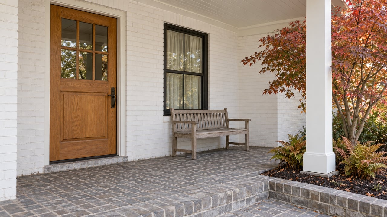Covered porch with white-painted brick, an oak front door, gray brick paving and a teak bench beside red-orange maple foliage.