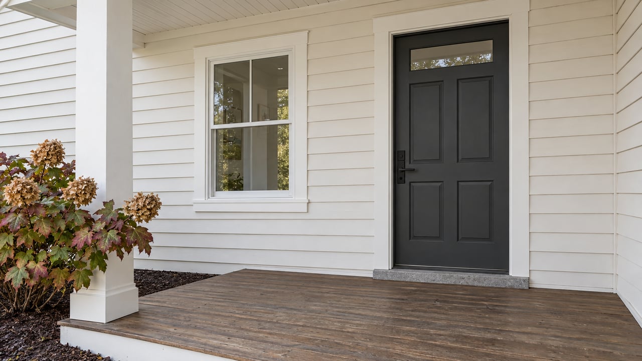 Covered porch with white wood siding, a charcoal front door, brown wood decking and an oakleaf hydrangea with autumn foliage.