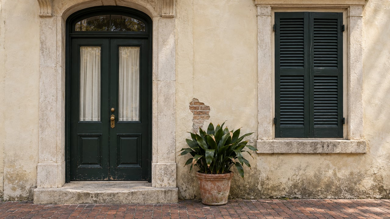 An ivory plaster residential facade with a dark green glazed door, paired shutters, worn limestone step and one terracotta pot of cast-iron plant.