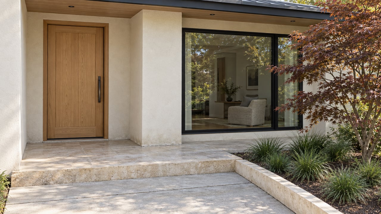 Modern home entrance with a large wooden door, stone steps, and a picture window beside a Japanese maple.