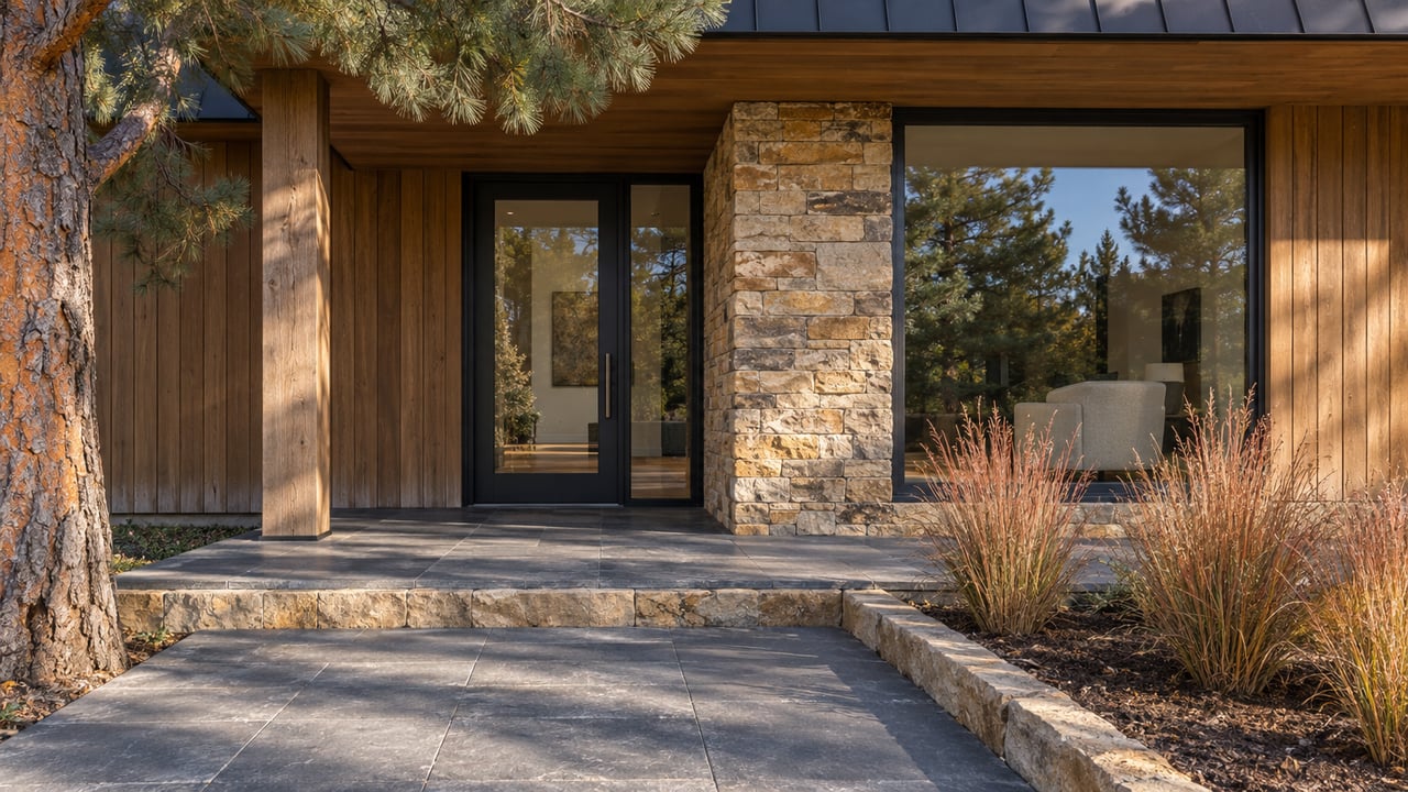 Timber and sandstone home entrance under a broad overhang, with enclosed glass doors, a stone landing and copper-colored autumn grasses.