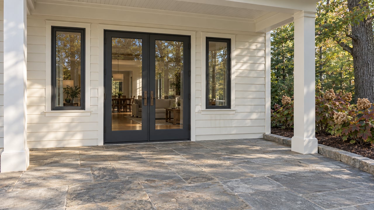 Cream-sided home's covered rear entry with charcoal glass doors, grey stone terrace and oakleaf hydrangeas in morning light.