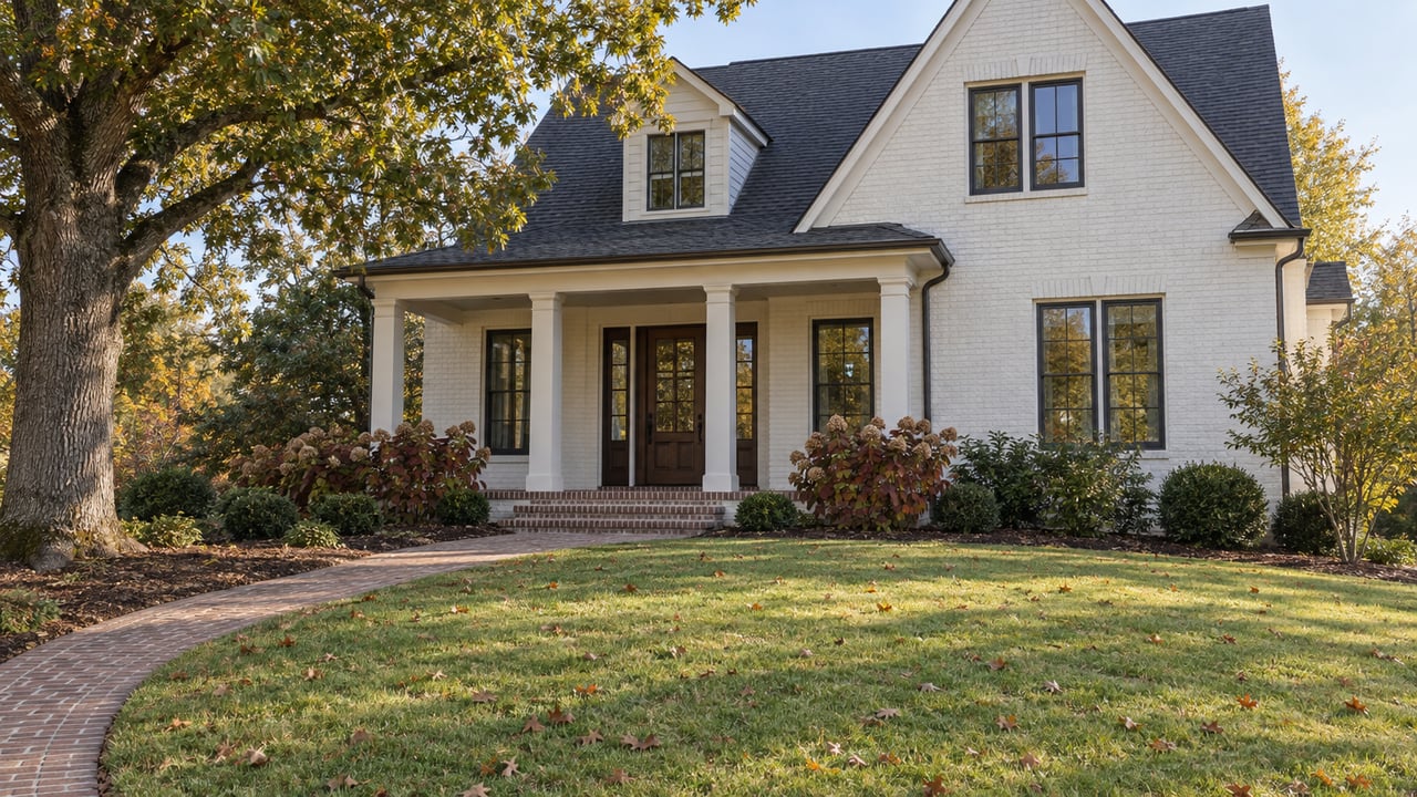 Painted-brick home with steep gables, a covered porch and curved brick walk across a broad autumn lawn.