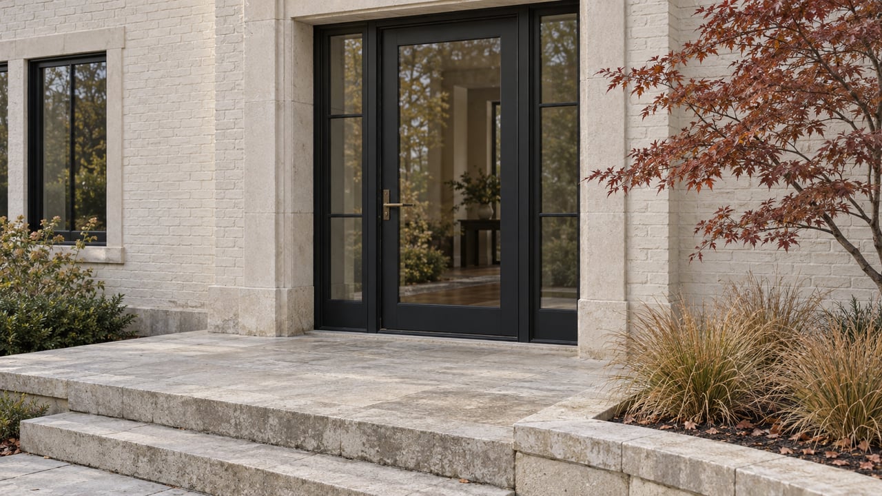 Ivory painted-brick entry with a limestone surround, black glazed door, broad stone landing and copper-red maple leaves.