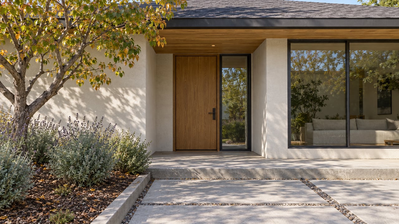 A recessed oak front door and bronze-framed windows beneath a broad wood soffit, beside a redbud and grey-green sage planting.