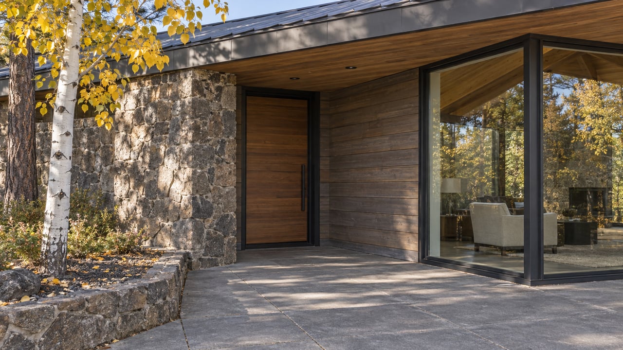 Golden aspen leaves beside a covered wood-and-stone home entry with dark-framed glazing and charcoal paving.