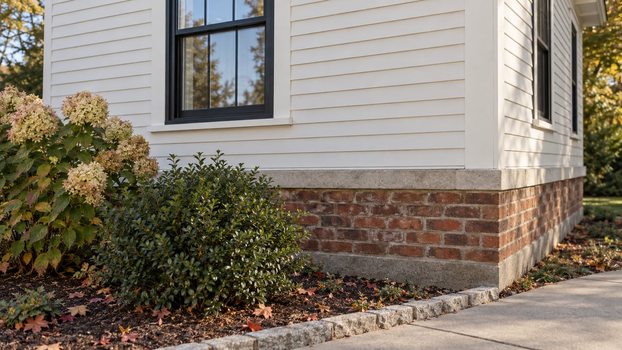 Ivory clapboard house corner above a weathered red-brick foundation, with fading hydrangeas and scattered autumn leaves.