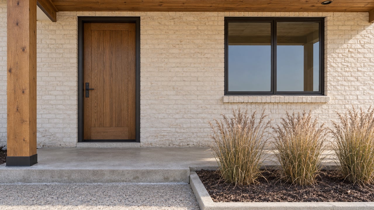 Sunlit painted-brick entry with an oak door, timber porch ceiling, concrete steps, and upright autumn grasses.