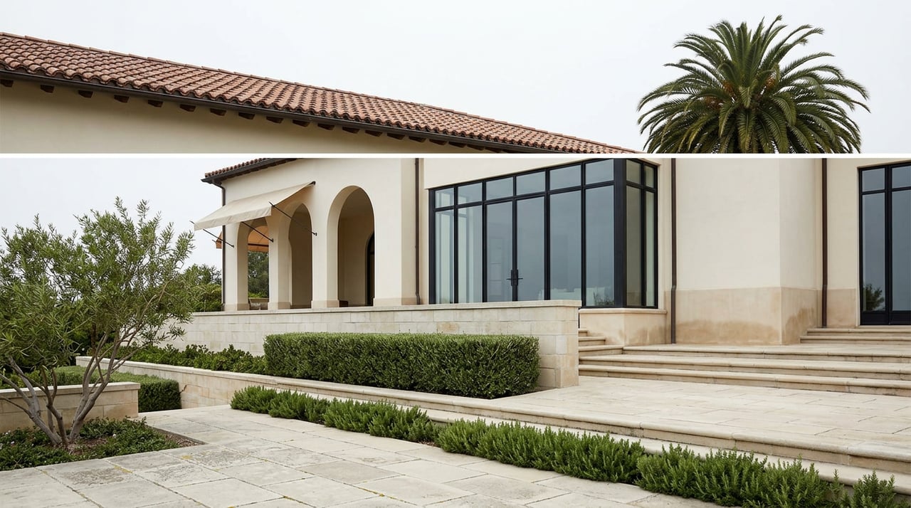 Cream-plastered hillside home with black-framed windows, terracotta roof, stone terraces, garden wall, and palm.