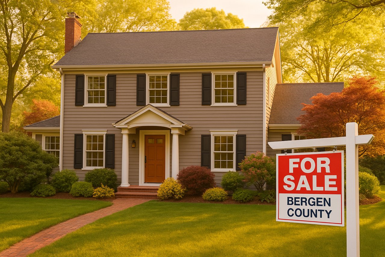 Warm spring exterior of a Bergen County colonial home with lush landscaping and a For Sale sign; golden hour lighting.
