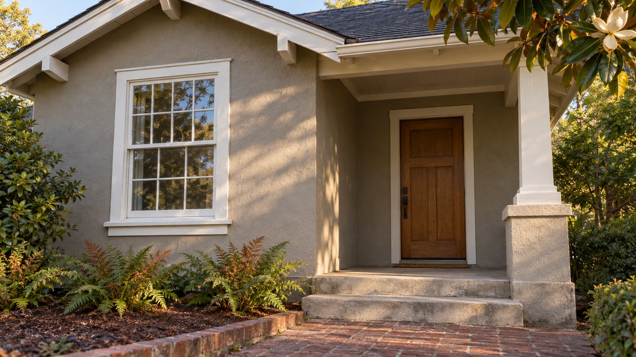 Stucco home entrance with a wooden door, covered porch, and brick walkway.