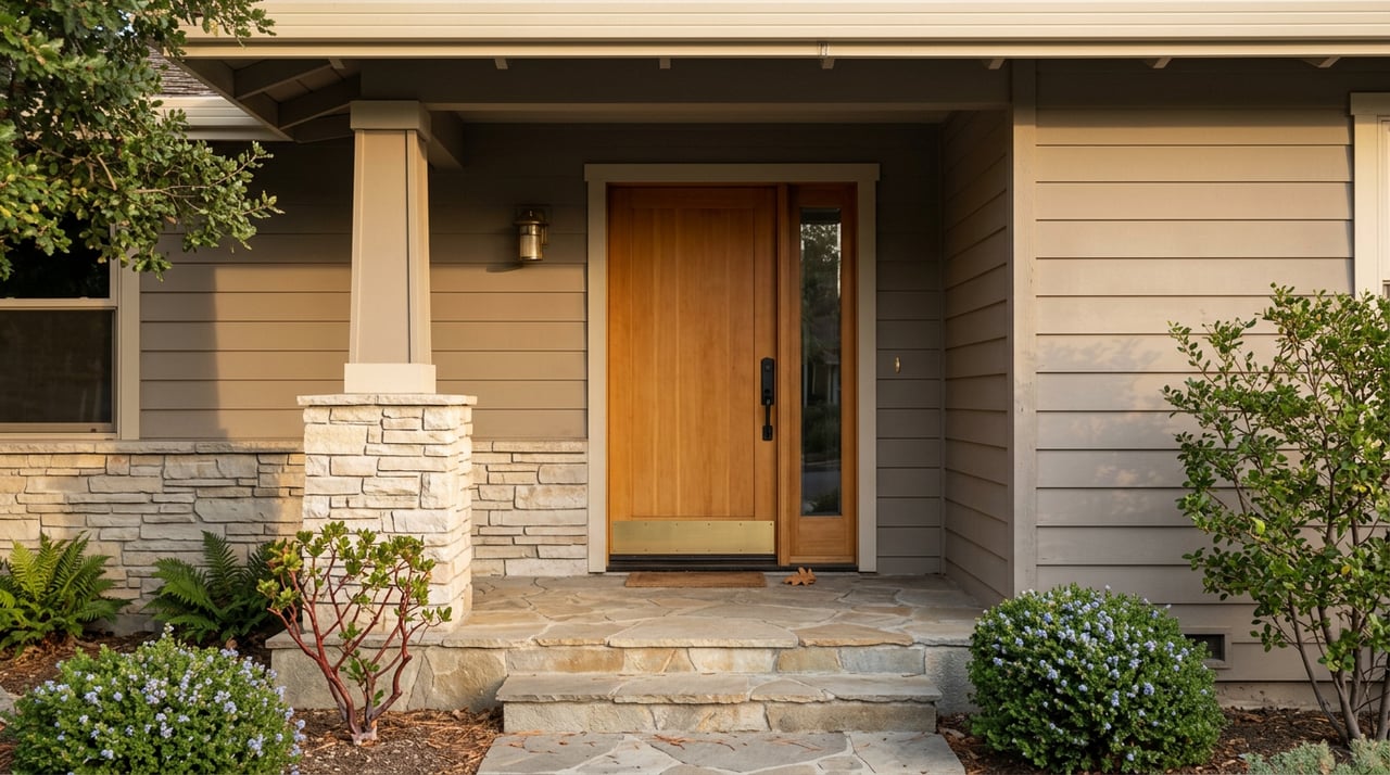Craftsman porch entry with a honey-toned wood door, stacked-stone column, flagstone steps, and native plants.