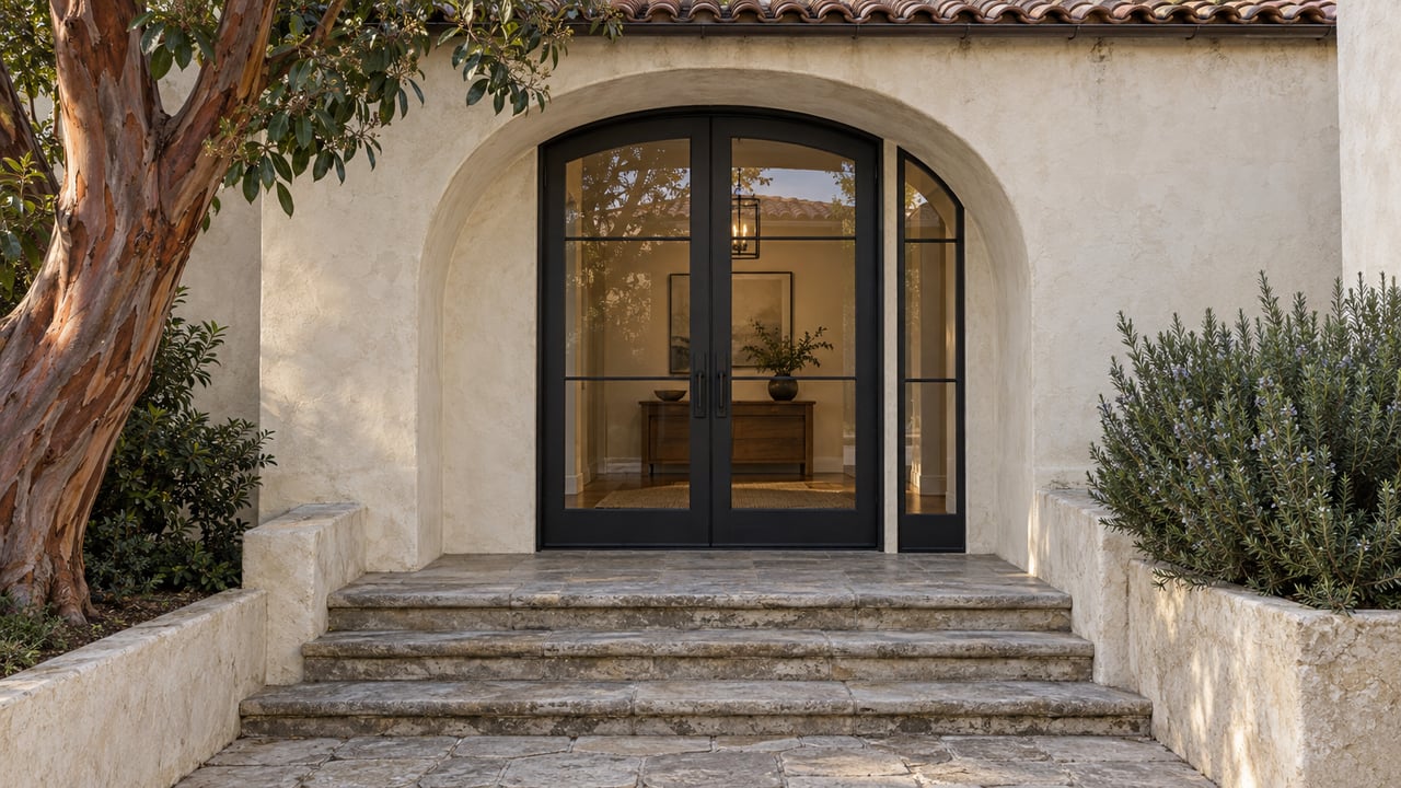 Restored plaster entry with black steel-and-glass doors, limestone steps, and a peeling-bark arbutus tree.