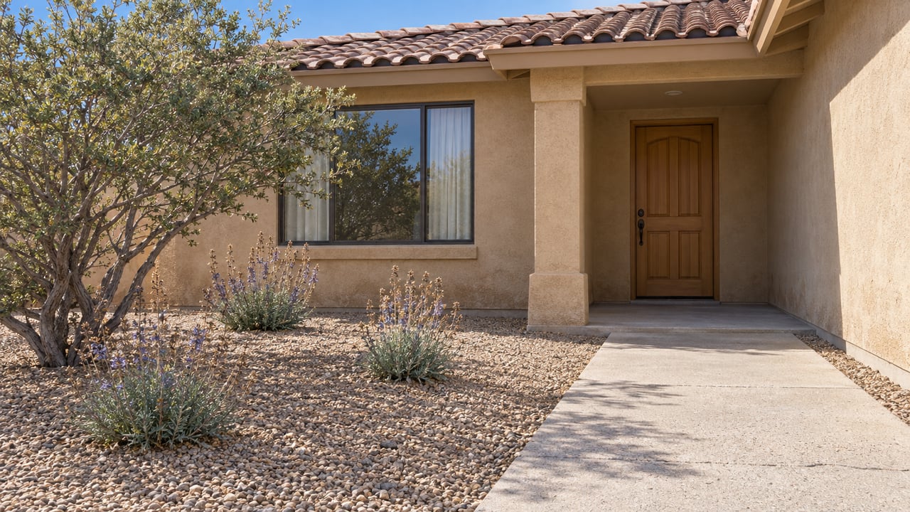Home entrance with a covered porch, wooden door, tiled roof, and rock landscaping.