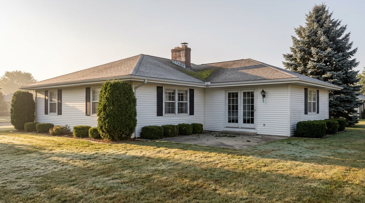 Single-story ranch house with white siding, brick chimney, French doors, and a frosty lawn beneath a blue spruce.