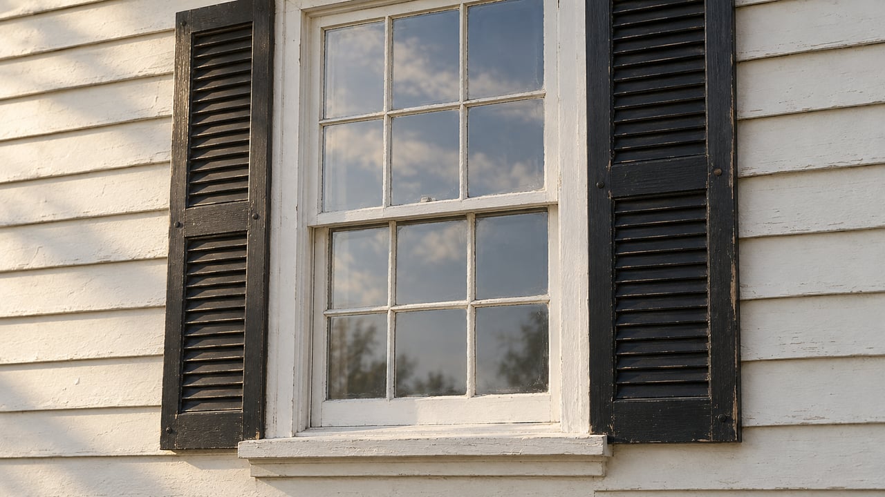 Six-over-six double-hung window with near-black shutters set in weathered pale ivory clapboards.