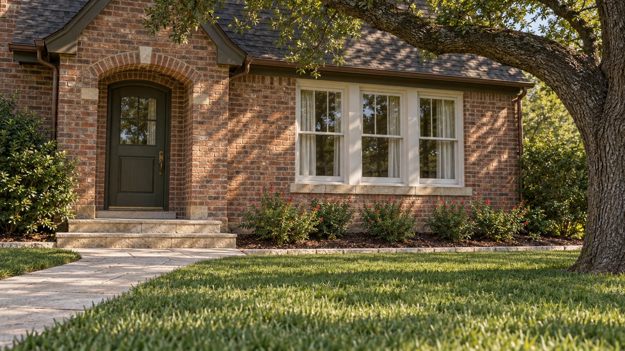 Brick cottage with an arched olive-painted front door, limestone steps, white sash windows and a spreading live oak above the lawn.