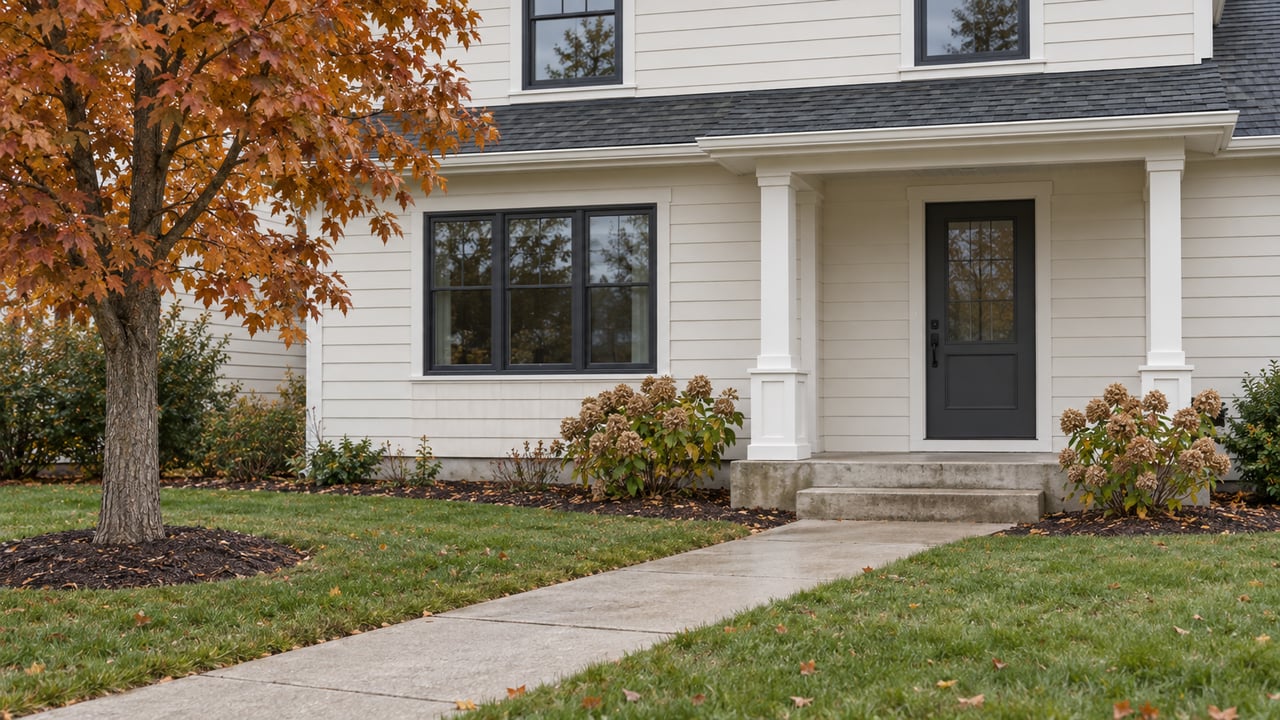 Cream-sided suburban house with black-framed windows, a covered entry, concrete front walk and autumn sugar maple.