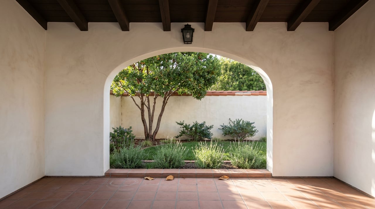 Stucco loggia arch framing a multi-trunk strawberry tree, lavender, and a masonry garden wall.
