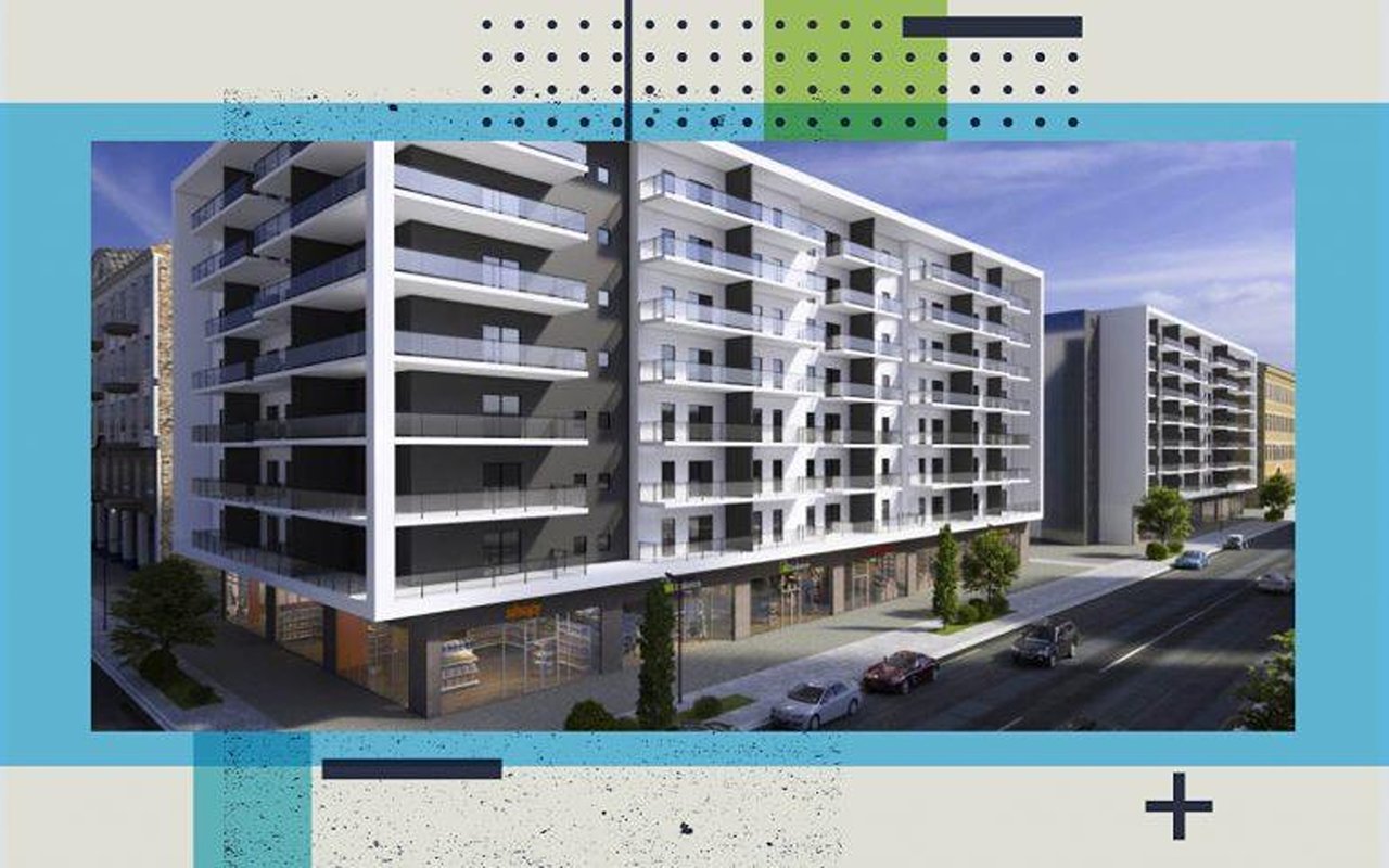 Architectural rendering of a modern apartment building with ground-floor retail along a city street.
