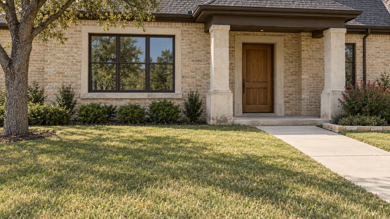 Buff brick home with a limestone porch, dark-framed window, warm wood door, and a broad autumn-toned front lawn.